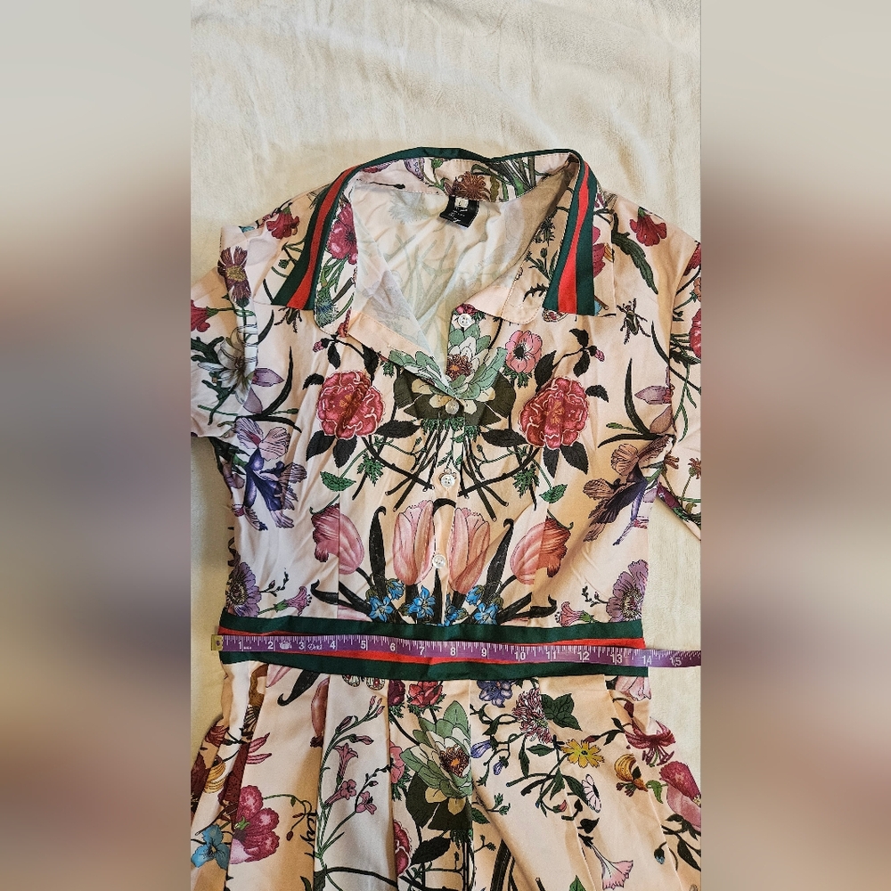 LAI MENG FIVE CATS Women's 3/4 Sleeve Floral Print Button Up A-line Flowy Dress - Picture 6 of 9